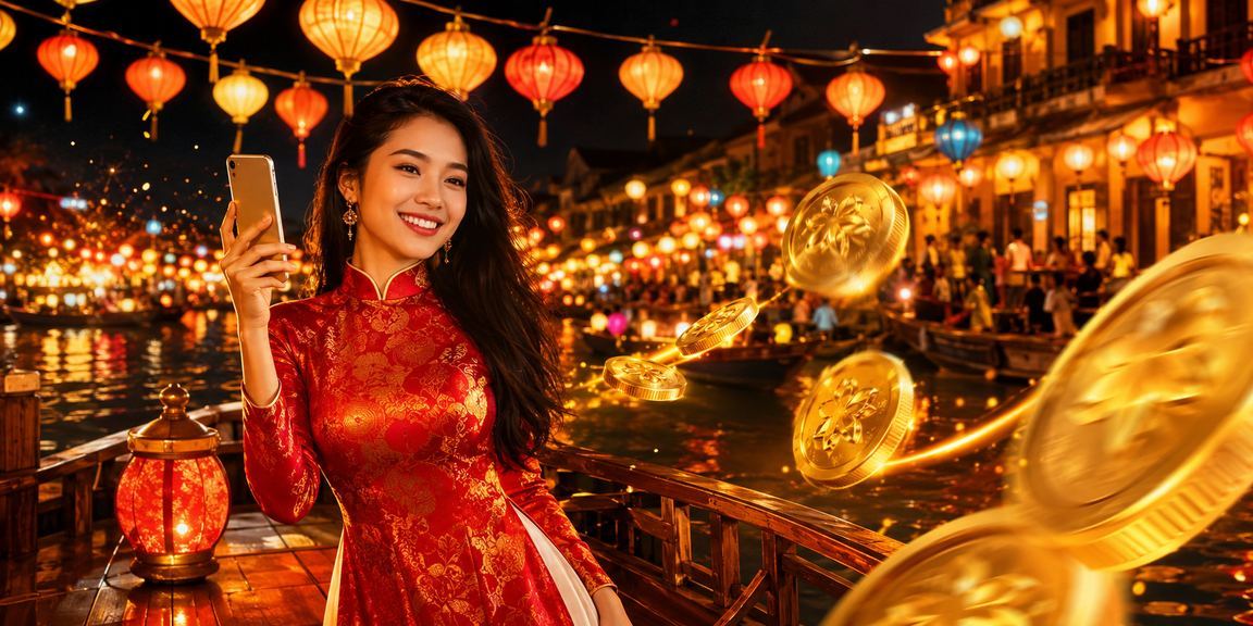 Người dùng trải nghiệm casino di động trong trang phục áo dài truyền thống Hội An